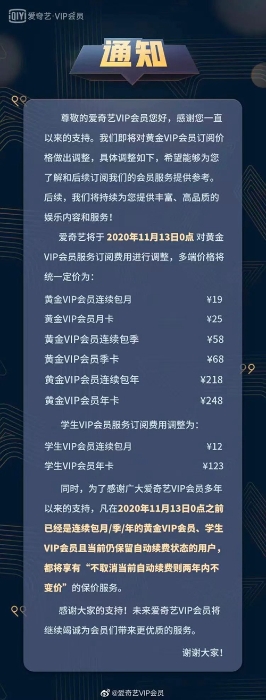 愛(ài)奇藝VIP會(huì)員漲價(jià)通知。截圖