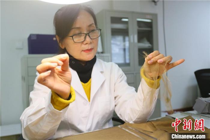 據(jù)趙喜梅介紹，修復(fù)文物紡織品所用的縐絲紗比頭發(fā)絲還細?！「哒?攝