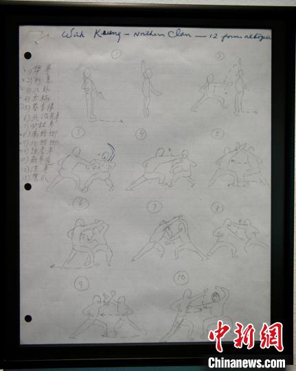 李小龍繪畫有關(guān)中國武術(shù)門派招式的手稿。　李志華 攝