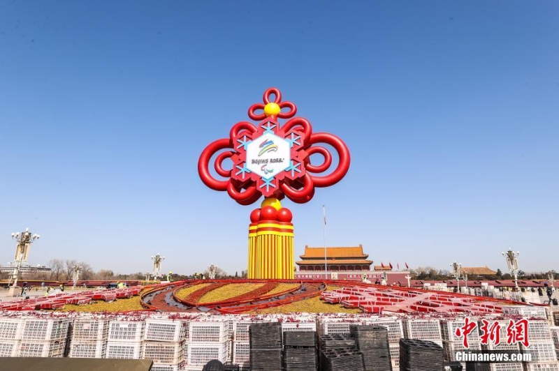 天安門廣場(chǎng)“精彩冬奧”主題花壇更換早春耐寒花卉