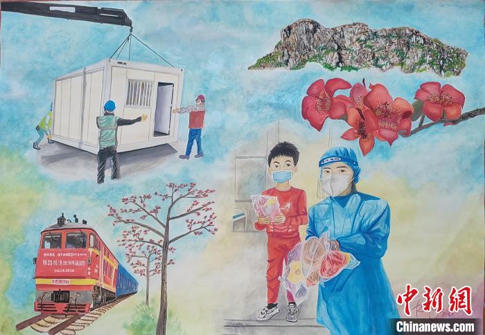 吳愛(ài)蓮畫(huà)作《木棉花下的抗疫英雄》。　展覽組委會(huì)供圖