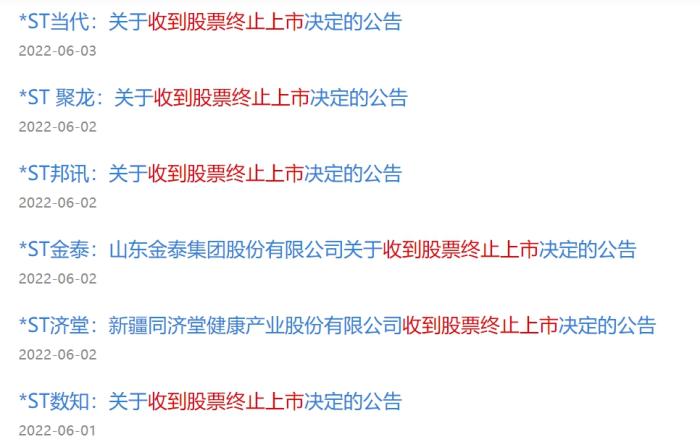 部分上市公司收到的股票終止上市決定的公告。