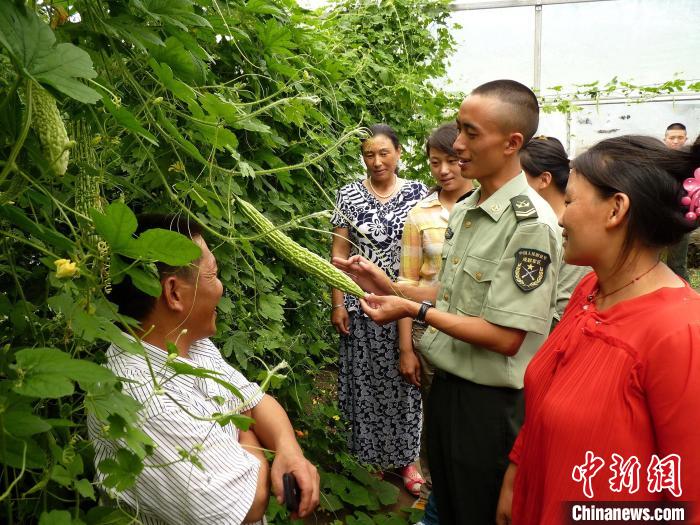 圖為官兵向民眾傳授蔬菜種植技術(shù)?！●R軍 攝