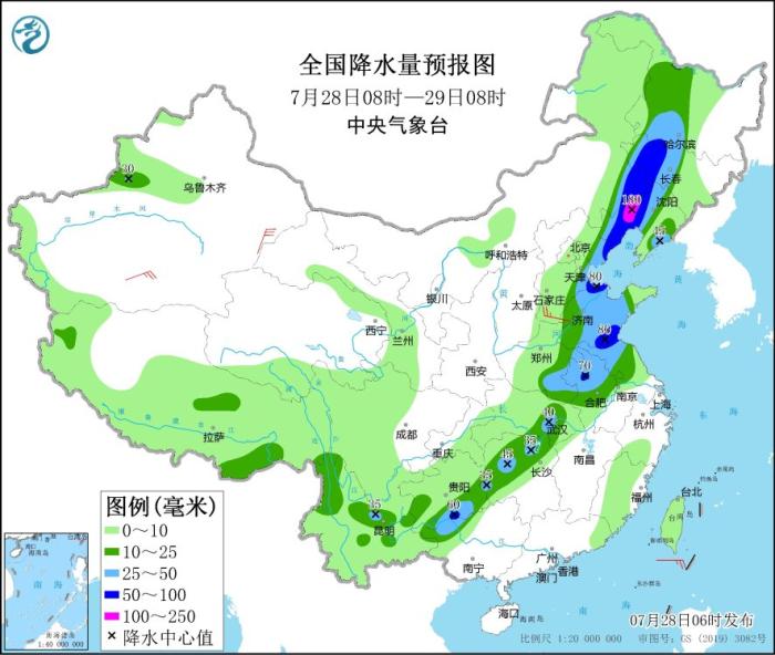 圖3 全國降水量預(yù)報圖(7月28日08時-29日08時)