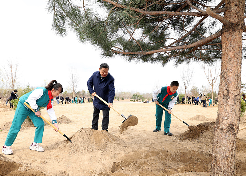 　2022年3月30日，習(xí)近平等黨和國家領(lǐng)導(dǎo)人來到北京市大興區(qū)黃村鎮(zhèn)參加首都義務(wù)植樹活動(dòng)。這是習(xí)近平同大家一起植樹。