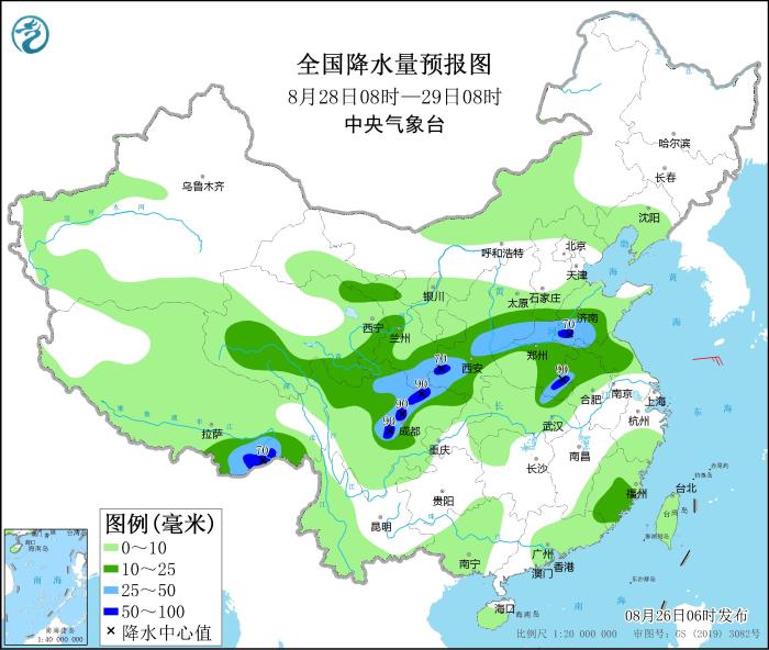 全國降水量預報圖(8月28日08時-29日08時)