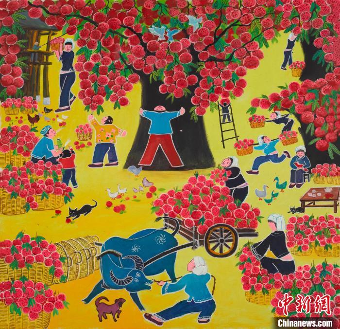 圖為廣西靖西農(nóng)民畫作品《南國滿園妃子笑》?！↑S金桃供圖