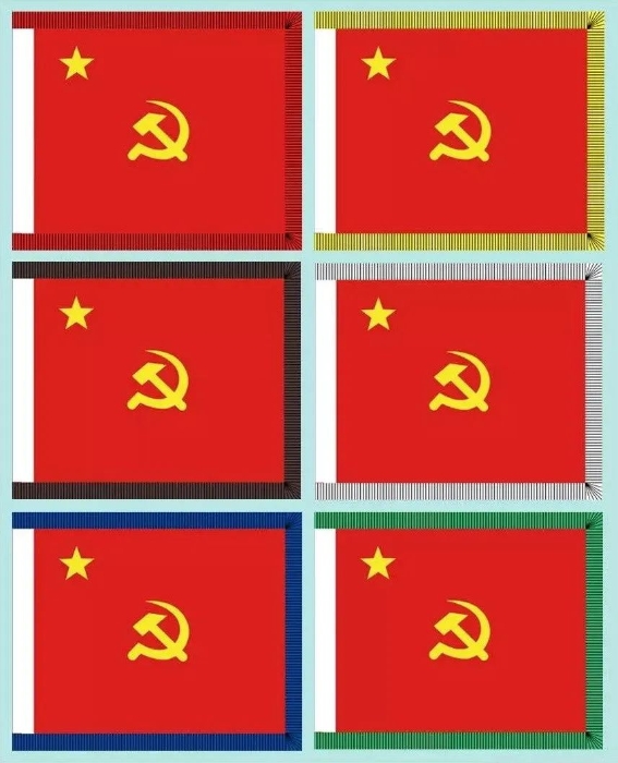 31式紅軍兵種旗(效果圖)：步兵旗、騎兵旗、炮兵旗、工兵旗、輜重兵旗、醫(yī)護(hù)兵旗(從左至右)。