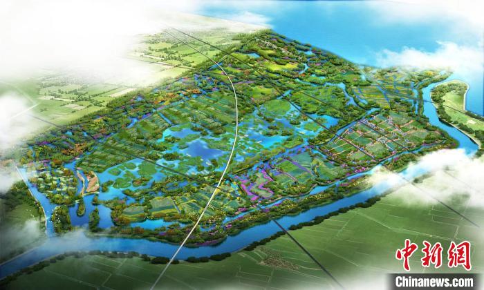 十八聯(lián)圩生態(tài)濕地蓄洪區(qū)鳥瞰效果圖?！『戏适兴畡站止﹫D