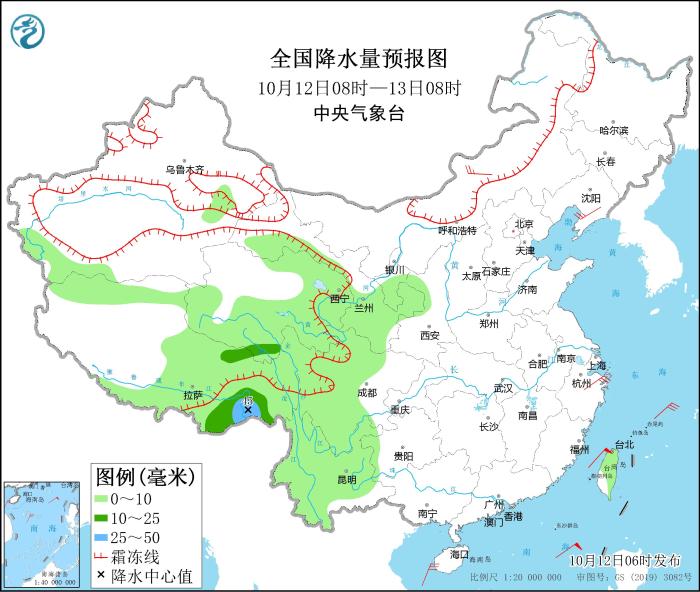 全國降水量預(yù)報圖(10月12日08時-13日08時)
