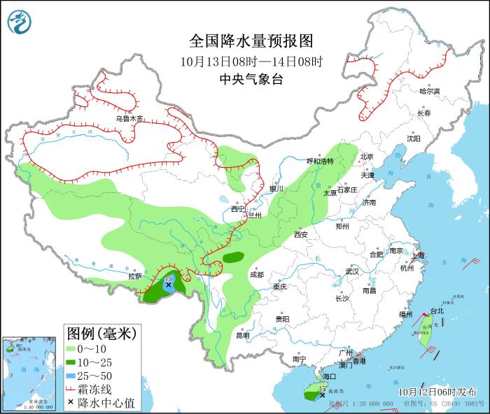 全國降水量預(yù)報圖(10月13日08時-14日08時)