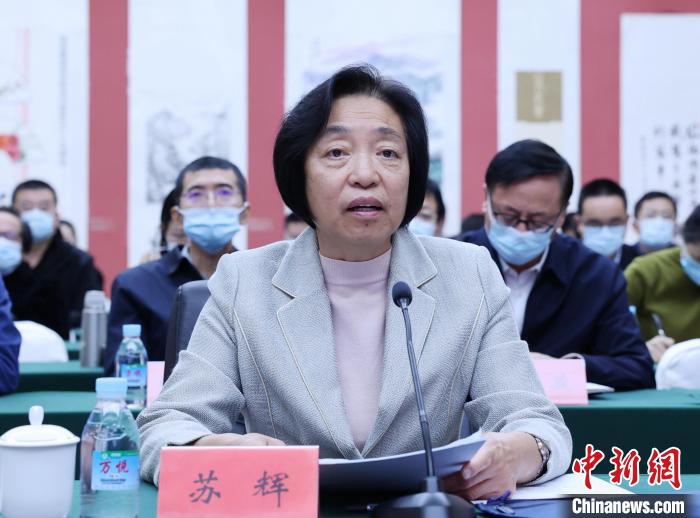 圖為全國政協(xié)副主席、臺盟中央主席蘇輝出席會議并發(fā)言?！∨_盟中央供圖