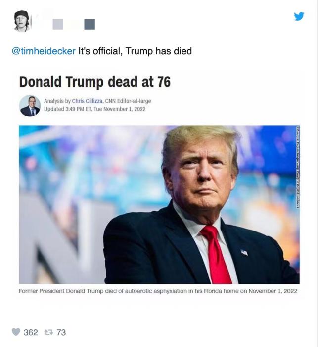 推特網(wǎng)友制作的“特朗普死了”CNN假報道截圖。