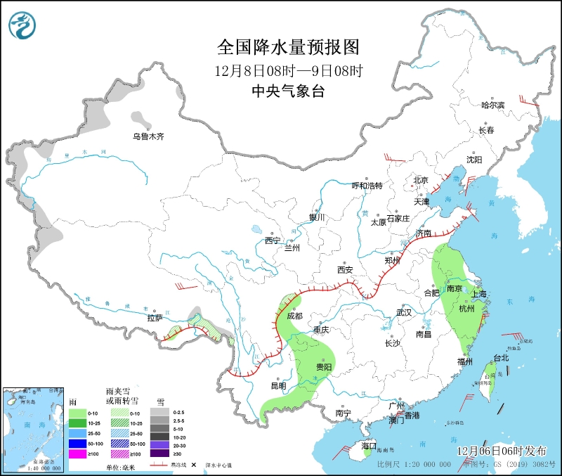 全國降水量預(yù)報圖(12月8日08時-9日08時)