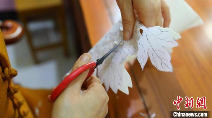 常鳳靈先用白色熟宣紙對照牡丹圖案裁剪成型，然后拼貼，再以工筆技法上色?！【抟翱h融媒體中心供圖