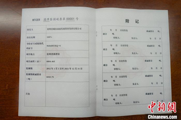 圖為茶園碳票。 湄潭縣融媒體中心供圖