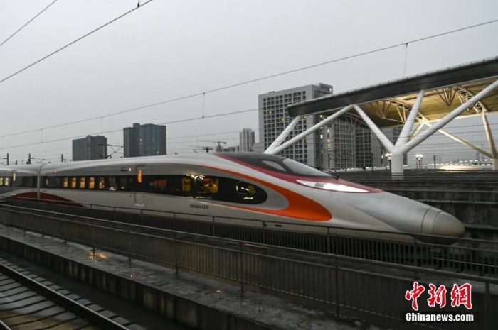 1月11日，廣東省廣州市，一列由香港西九龍站始發(fā)的高鐵列車抵達廣州南站。 <a target='_blank' href='/'>中新社</a>記者 陳驥旻 攝
