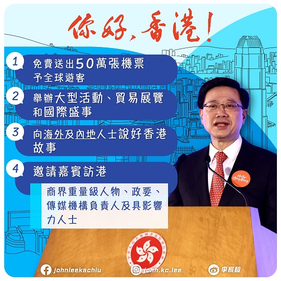 香港特區(qū)行政長官李家超宣布將免費派發(fā)50萬張機票給來自各地的旅客。（圖源：李家超社交媒體）