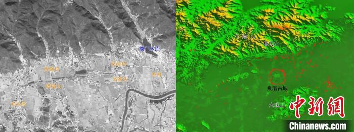 左：塘山壩群Conora衛(wèi)星影像圖；右：良渚遺址群分布圖。　劉建國 供圖