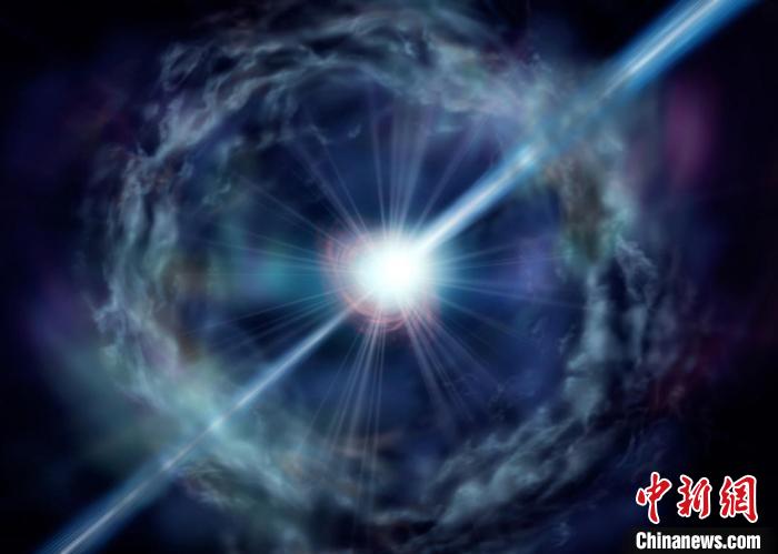 迄今發(fā)現(xiàn)的最亮伽馬射線暴(GRB 221009A)想象圖?！≈锌圃焊吣芩?供圖