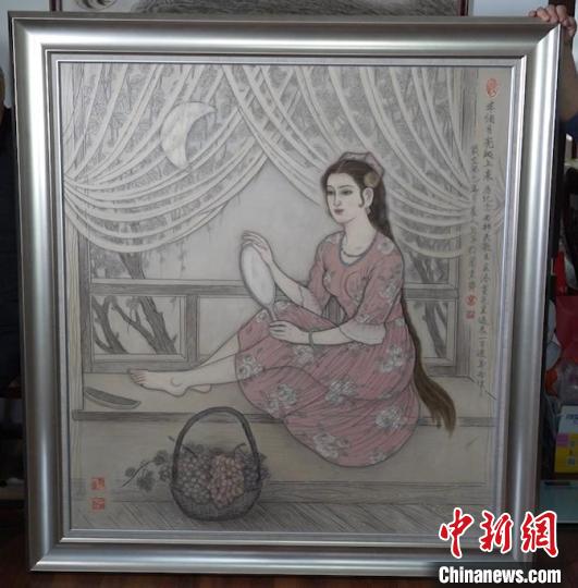 藺烈板刻線畫作品《半個月亮爬上來》。　戎睿 攝