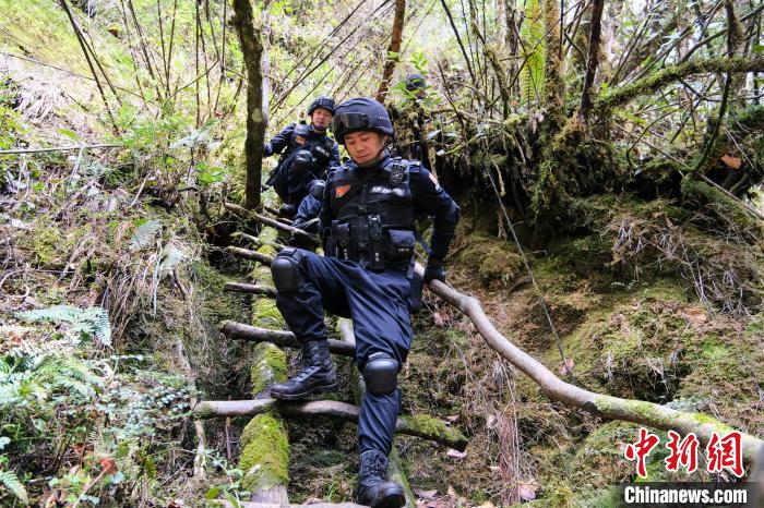 4月9日，拉郊邊境派出所移民管理警察在邊境地區(qū)原始森林進行戍邊巡邏?！〗w波 攝