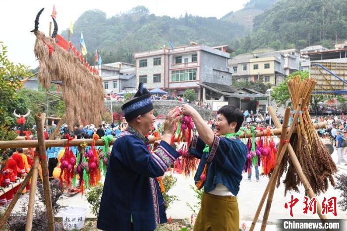 圖為游客體驗壯族敬牛節(jié)特色文化項目?！×趾?攝