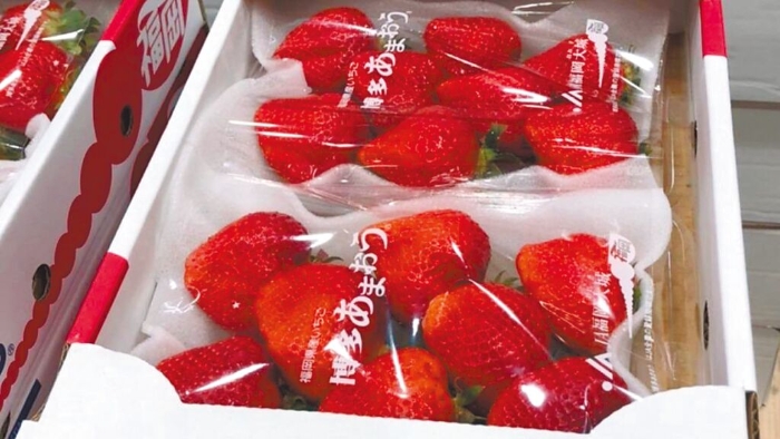 食藥署正評估開放「氟尼胺」和「克凡派」兩款農(nóng)藥可用於草莓，讓農(nóng)藥超標(biāo)的日本草莓就地合法，遭國內(nèi)草莓農(nóng)抗議。圖為臺北內(nèi)湖好市多「空運日本草莓」被驗出農(nóng)藥氟尼胺超標(biāo)。（北市衛(wèi)生局提供）