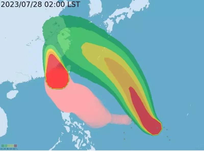 目前太平洋地區(qū)有兩個臺風，分別為中臺“杜蘇芮”(左)和輕臺“卡努”(右)。圖為暴風圈侵襲機率。(圖取自臺氣象部門網(wǎng)頁) 圖片來源：臺灣“中時新聞網(wǎng)”