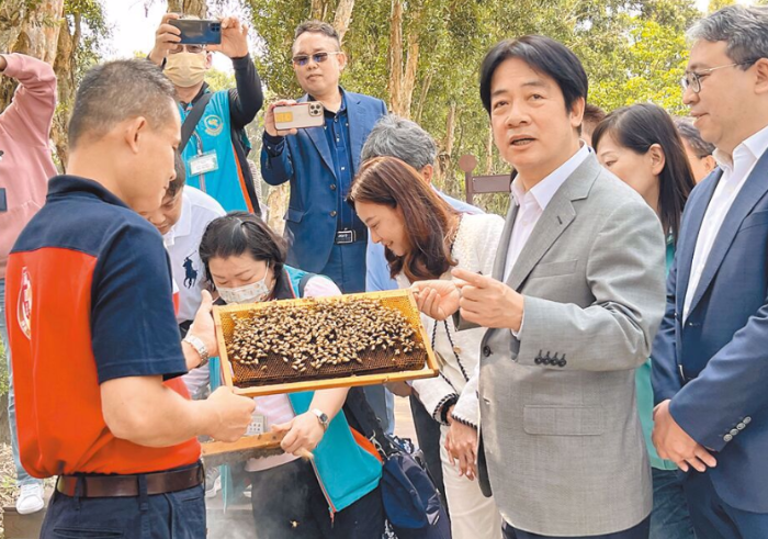 圖為賴清德(前右2）4月13日前往桃園市新屋區(qū)蘭園蜂業(yè)視察