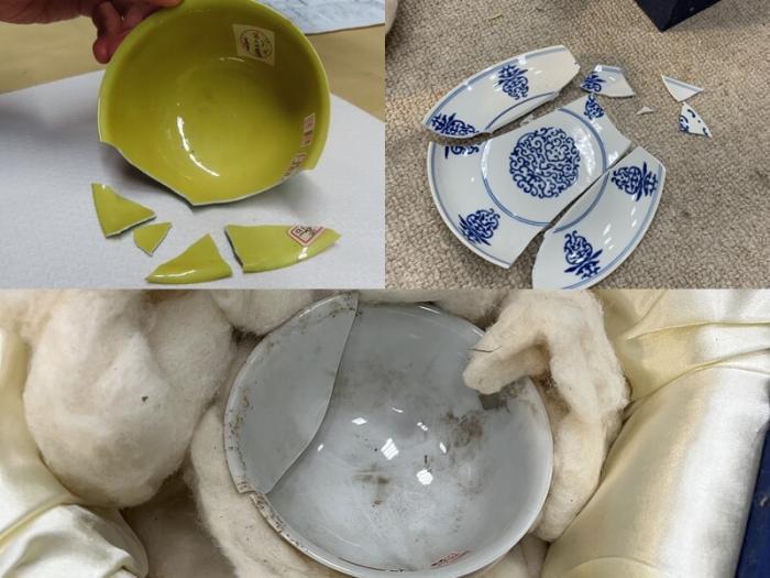 3件2022年被曝出破損的文物：明朝弘治款嬌黃綠彩雙龍小碗”(左上)、“清朝康熙款暗龍白里小黃瓷碗”(下)；“清朝乾隆青花花卉盤”(右上)。圖片來源：臺灣“中央社”(臺北故宮博物院提供)。
