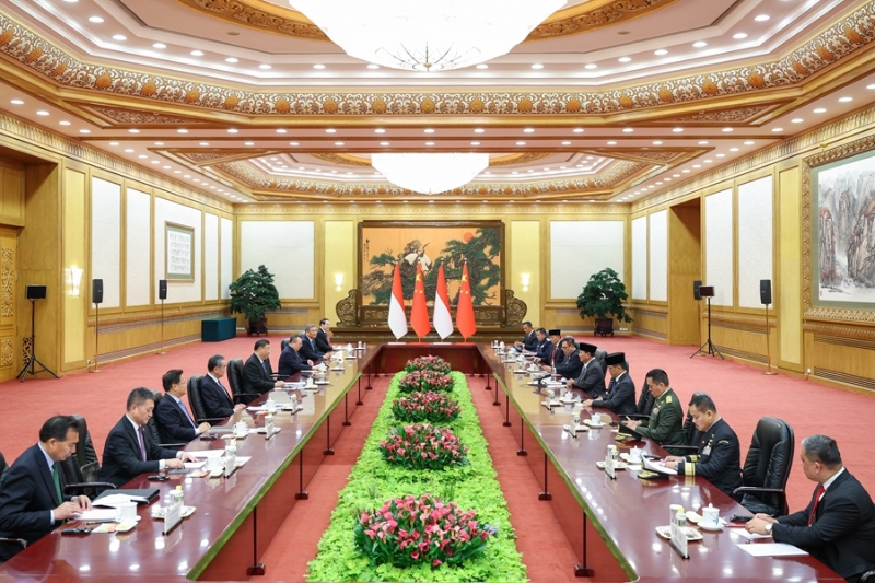 4月1日下午，國家主席習(xí)近平在北京人民大會堂同印尼當(dāng)選總統(tǒng)普拉博沃舉行會談。 新華社記者 劉彬 攝