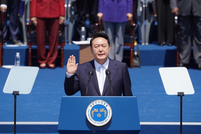 2022年5月10日，在韓國首爾，尹錫悅出席總統(tǒng)宣誓就職儀式。（圖源：新華社）