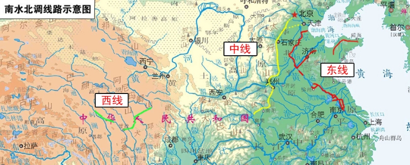 南水北調(diào)線(xiàn)路示意圖。（圖源：水利部網(wǎng)站）