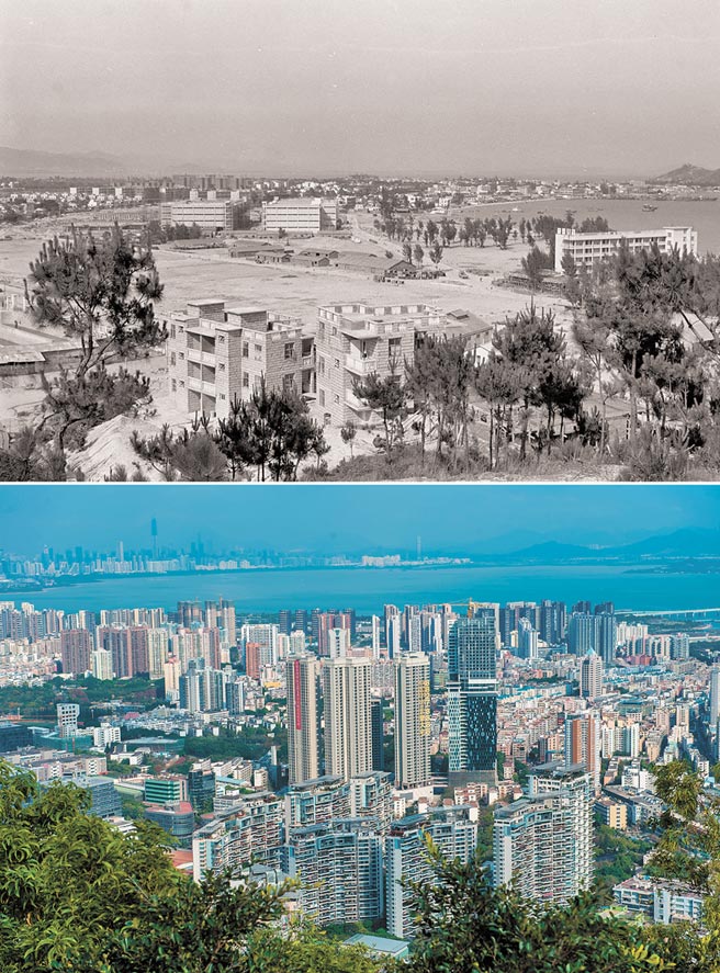 上圖為深圳蛇口工業(yè)區(qū)一瞥；下圖為2015年2月26日，廣東自貿(mào)區(qū)深圳前海蛇口片區(qū)內(nèi)的蛇口片區(qū)。（圖源：新華社）。