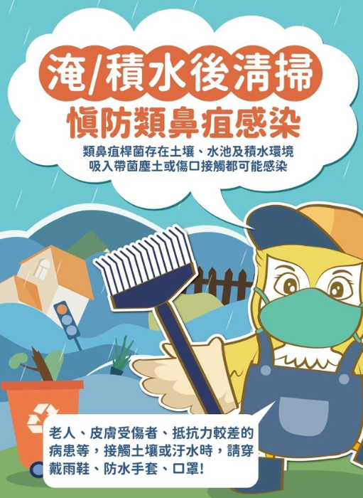 臺中市衛(wèi)生局提醒民眾，類鼻疽常見病征包括發(fā)燒、頭痛、局部腫痛、潰瘍、胸痛、咳嗽、咳血及淋巴結腫大，可導致皮膚膿腫、肺炎、腦炎、敗血癥，需盡速以適當抗生素治療